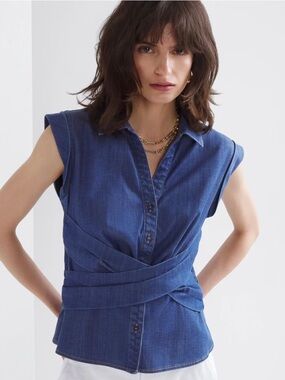 NWOT White House Black Market Jean Sleeveless Blue Button-Front Wrap Waist Top